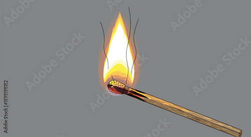 Close up illustration of a single wooden matchstick with a bright glowing flame and wisps of smoke isolated on a dark grey background.