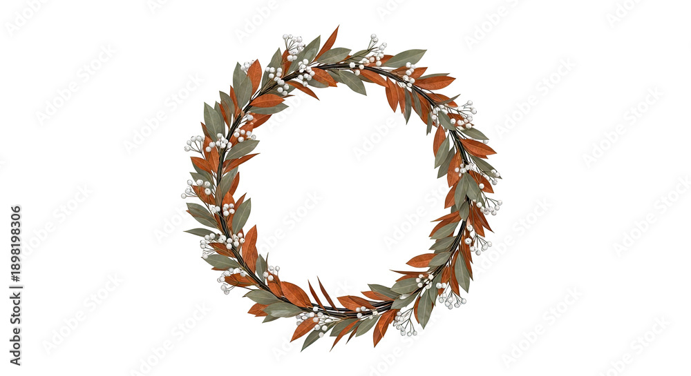 Fototapeta premium Autumn Wreath with Orange and Green Leaves and White Berries