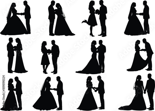 Set of black silhouettes of romantic wedding couples with bride and groom standing together and holding hands isolated on white background