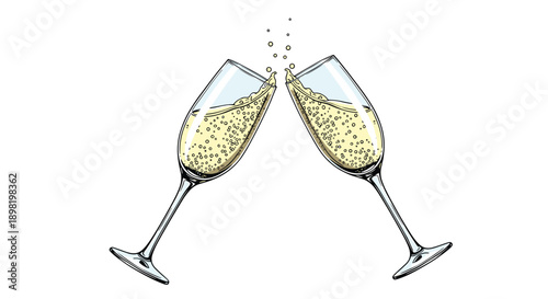 Detailed hand drawn illustration of two crystal champagne flutes clinking in a celebratory toast with bubbles and golden liquid on white.