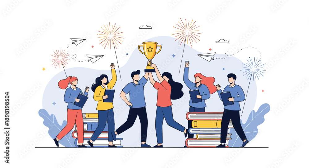 Fototapeta premium Group of cheerful students celebrating educational success with a large trophy and fireworks surrounded by stacks of academic books.