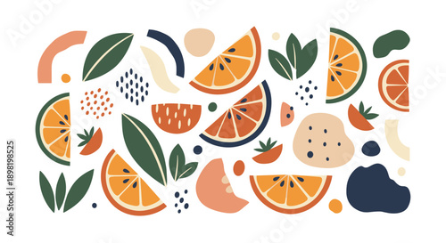 Colorful abstract pattern of orange and lime citrus fruit slices with leaves and decorative dots for refreshing summer background designs.