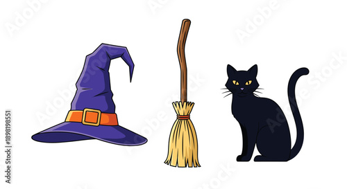Spooky Halloween set with a purple witch hat, wooden broomstick, and a black cat with glowing eyes for mysterious holiday decorations.