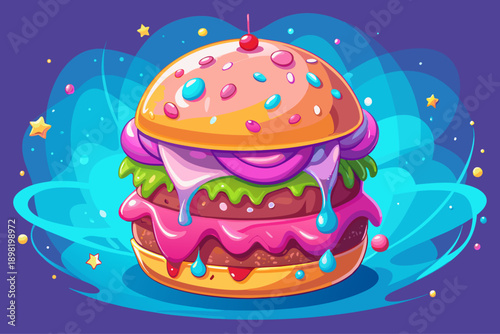 Pink fantasy burger with glittering sprinkles and fluffy cream filling magical fusion of gourmet dessert and fast food whimsical surreal food art scene