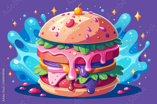 Pink fantasy burger with glittering sprinkles and fluffy cream filling magical fusion of gourmet dessert and fast food whimsical surreal food art scene