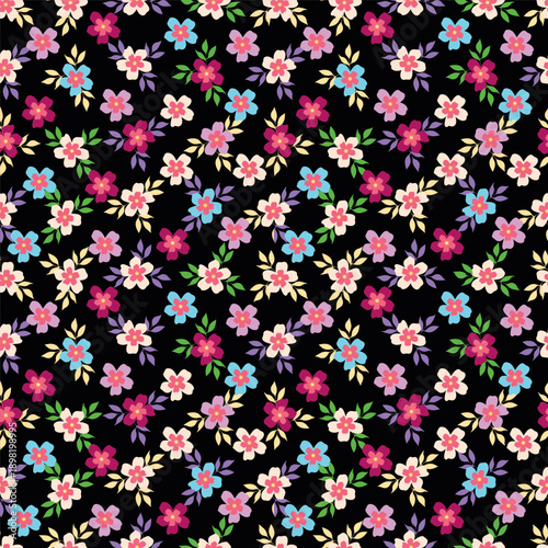 Vector floral pattern in doodle style with flowers and leaves. Gentle colors, spring floral background. Can be used for wallpaper, pattern fills, surface textures, fabric prints