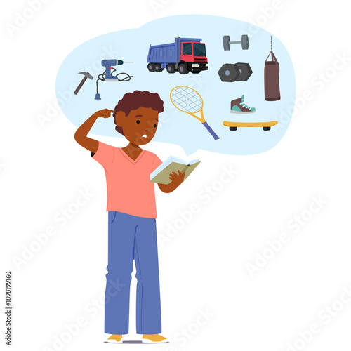 Boy child reading book looking pensive and feeling overwhelmed by traditional gender roles