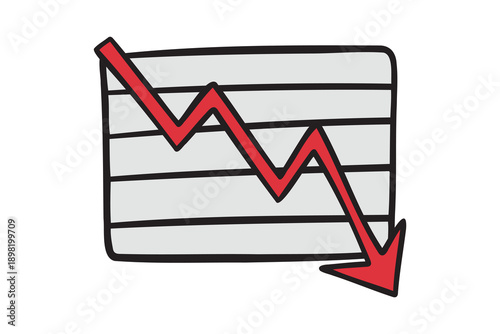 infographic chart fall business down arrow red icon doodle hand drawn. colorful cartoon line drawing clipart symbol business bust