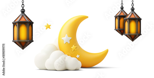 3D illustration of a crescent moon resting on soft clouds with glowing lanterns and stars, symbolizing Ramadan night, spirituality, peace, and Islamic celebration. Clean white background, warm light.