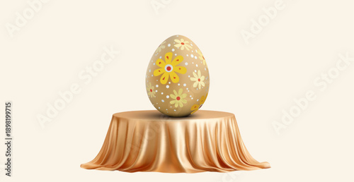 3D illustration of a decorated Easter egg with floral patterns standing on a draped pedestal, symbolizing spring holiday, tradition, celebration, renewal, and festive design. Soft pastel colors, minim