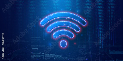 Glowing neon WiFi symbol on a futuristic blue digital background with binary code and interface elements, representing wireless internet, connectivity, cybersecurity, data transfer, and modern network
