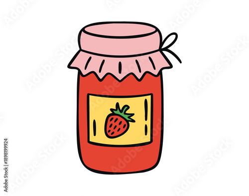 Strawberry jam jar, cozy hand drawn doodle style.