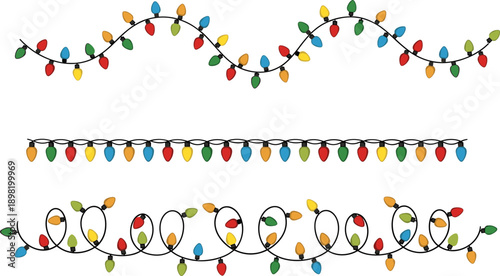 Colorful Christmas string lights illustration set with decorative bulbs, festive holiday garland design, winter celebration vector isolated on white background