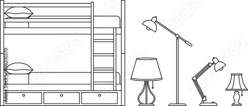 Minimalist black and white furniture illustration featuring bunk bed and lamps, interior design elements, line art, modern home decor concept