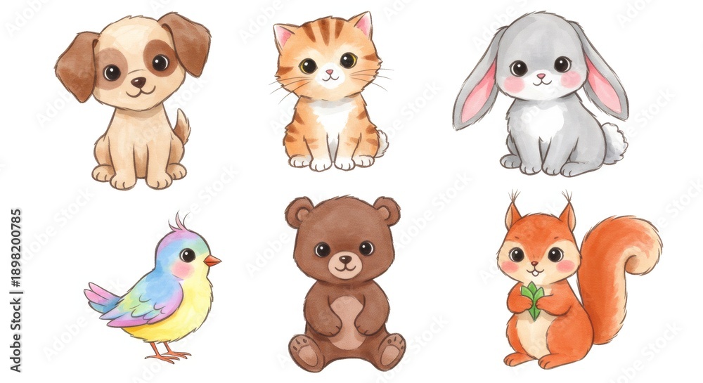 Obraz premium Cartoon collection of cute stylized baby animals, including a puppy, kitten, bunny, bird, bear, and squirrel for kid design.