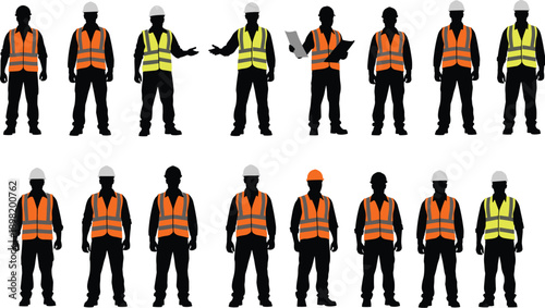 Construction workers silhouettes, safety vests, hard hats, teamwork, industrial labor, occupational safety, engineering staff, building site illustration, workforce icons