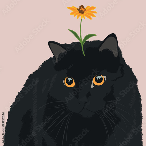 Cute cat with a flower. Vector illustration of a domestic cat.