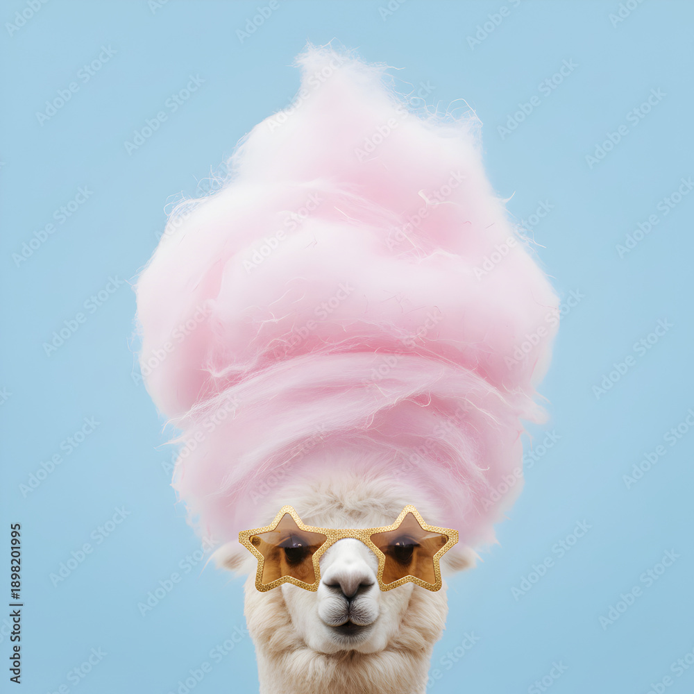 Naklejka premium A quirky and fun portrait of a white llama wearing gold, star-shaped sunglasses, with its wool styled into a large, fluffy, pink cotton candy-like coiffure against a solid light blue background.