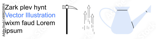 Gardening, growth, agriculture, development, farming, sustainability. a scythe, a watering can and upward arrows nurturing and progress. Gardening and growth concept