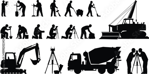 Silhouette illustrations of construction workers, surveyors, heavy machinery, and tools representing civil engineering and infrastructure development tasks