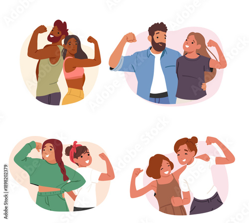 People showing biceps set with happy couples, mother and daughter, best girl friends or sisters
