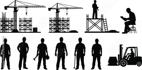 Silhouettes of construction workers, cranes, scaffolding, forklift, tools, teamwork, industrial site activity, labor roles and equipment usage