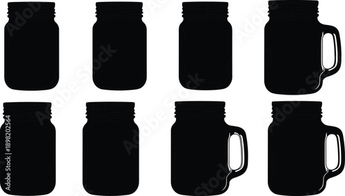 Stylized mason jar silhouettes with blue outlines, screw-top lids, handles, beverage container icons, creative packaging design illustration