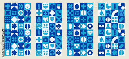 Abstract health mosaic story with geometric hospital pattern and medical tiles.