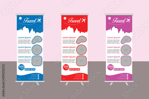 Rollup banner design. Modern advertising business rollup banner template and stand banner design, corporate roll up banners for marketing. Publicity banners, business model vertical.