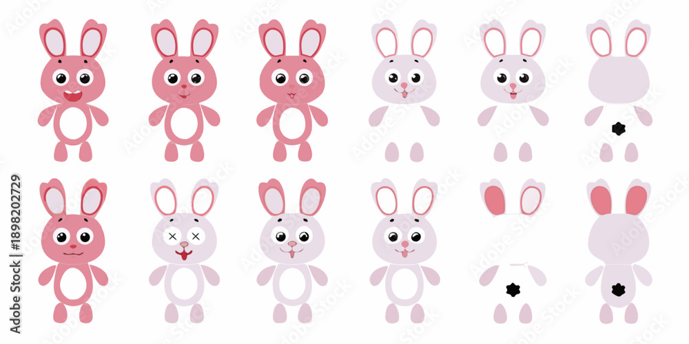 Obraz premium Collection of adorable pink cartoon bunnies in various poses and perspectives