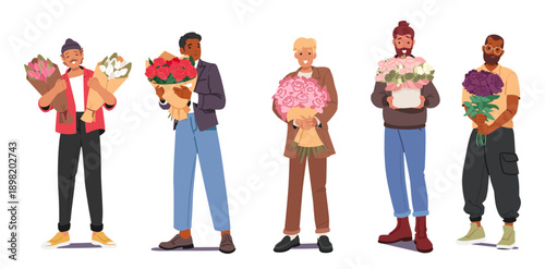 Happy smiling diverse men cartoon characters with bouquets of flowers in hands standing in row