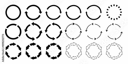 Arrangement of circular arrows and dotted rings in a grid pattern