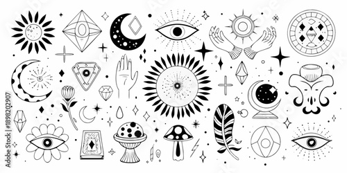 Mystical celestial and esoteric symbols arranged in a decorative pattern