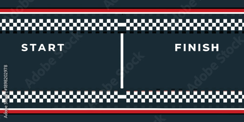 A stylized race track with start and finish lines and checkered borders