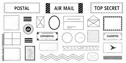 Collection of black and white postal stamps and classified document markings