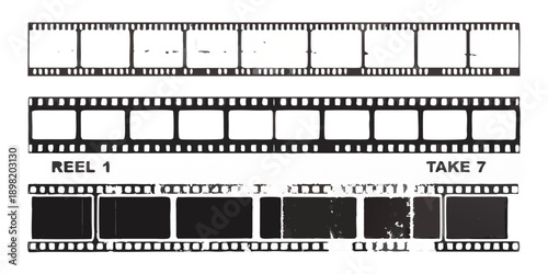 Black and white film reel strips with text indicating reel 1 take 7