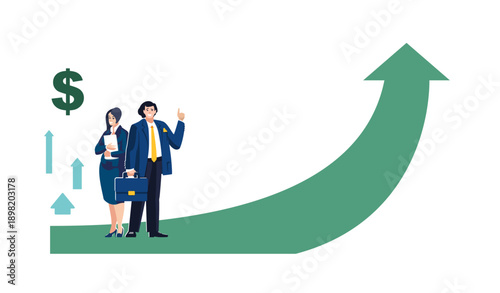 Business presentation. Businessman and a business woman investor discuss financial development, possibility of successful career growth. Green arrow up, analytics, money, people. Vector illustration