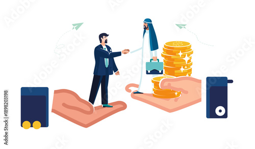 Financial loan. Businessmen, arab sheikh lending business, money, gold dollar coins on business hands. Business, deposit, people, contract, wealth, handshake. Get a high-paying job Vector illustration