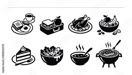 Breakfast, lunch, and dinner black and white vector illustrations of food meals