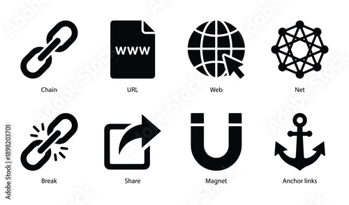 Chain, URL, web, net, share, break, magnet, anchor links symbols icon collection, black and white elements