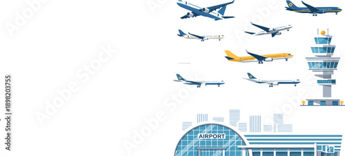 Airport and aviation illustration set with passenger airplanes, control tower and terminal building isolated on white background flat vector design