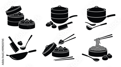 Chinese Cuisine Food Vector Illustration with Dumplings, Noodles, Chopsticks and Kitchenware