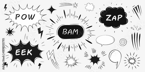 Comic book style explosion effects and speech bubbles in black and white