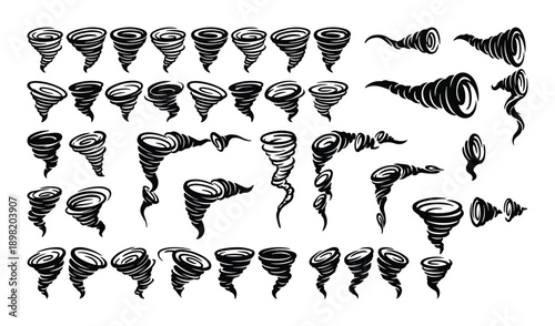 Collection of hand-drawn tornado vectors, cyclone graphic elements, swirling winds, storm patterns, and weather illustration