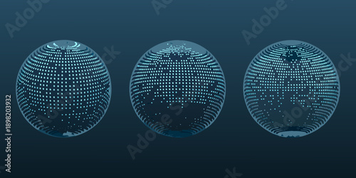 Three glowing spherical forms composed of digital data points