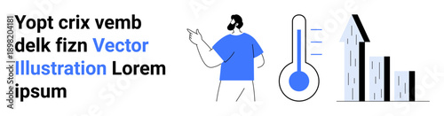 Business progress, climate awareness, energy management, economic growth, urbanization, analytics. Man pointing towards thermometer and bar-thumbs up buildings. Business progress and climate