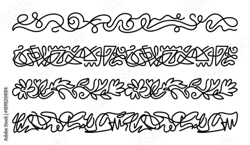 Decorative Border Elements Vector Set, floral, abstract, geometric, wavy line style, ornamental pattern