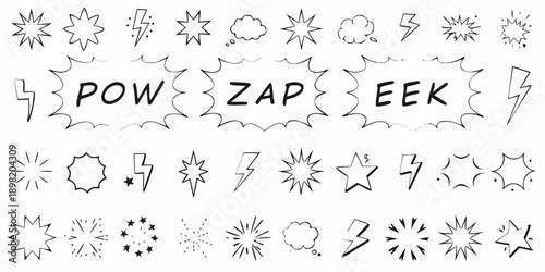 Collection of hand drawn comic book explosion and starburst effects