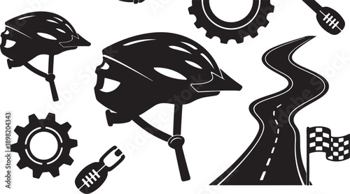 Icons representing sports, health, and technology on white background Keywords: helmet, bicycle helmet, gear, cogwheel, winding road, flag, goal