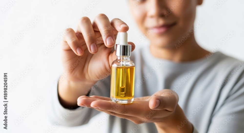 Fototapeta premium Woman holding a bottle of natural cosmetic oil. Beauty product serum for skin and hair care. Organic essential oil for wellness.